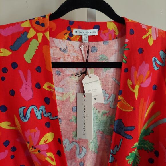 NWT Maison d/Amelie Colorful Rainbow Tie Front Cardigan Tropical Linen Blend - Picture 3 of 7